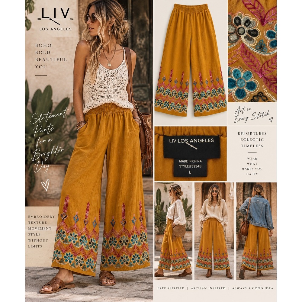 LIV Los Angeles Embroidered Wide Leg Pants L Mustard Boho Festival